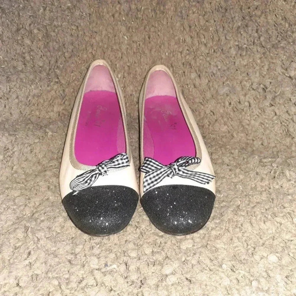 FERCA 81-ITALY-Nude Leather-Black Glitter Toe/Heel-Gingham Bow-Sz 37-Excellent - Picture 3 of 7